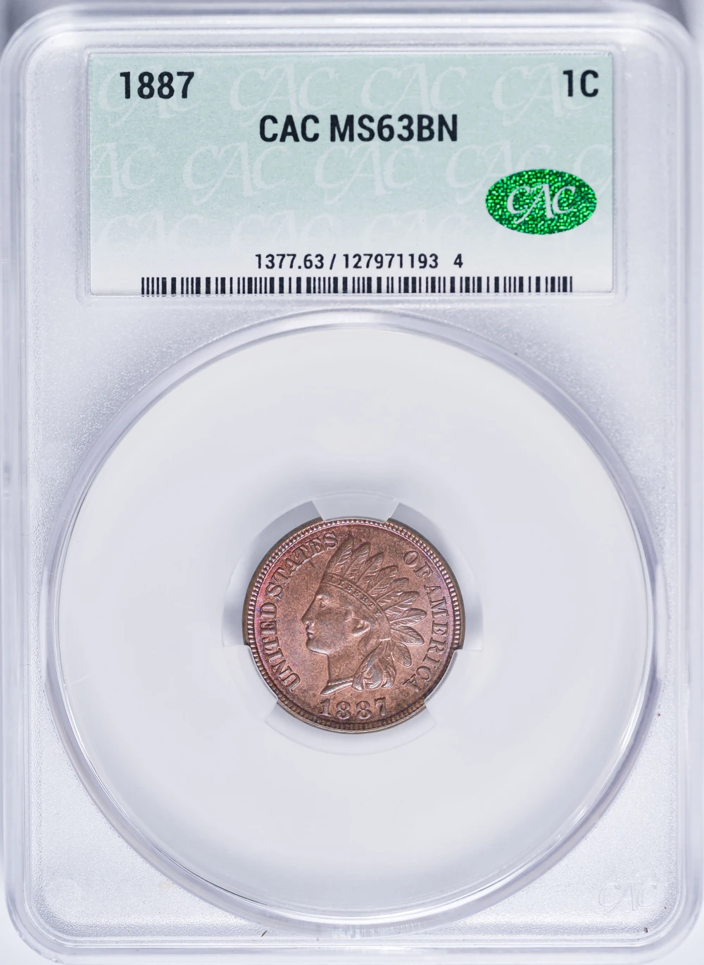 CACG MS-63 BN 1887 Indian Cent