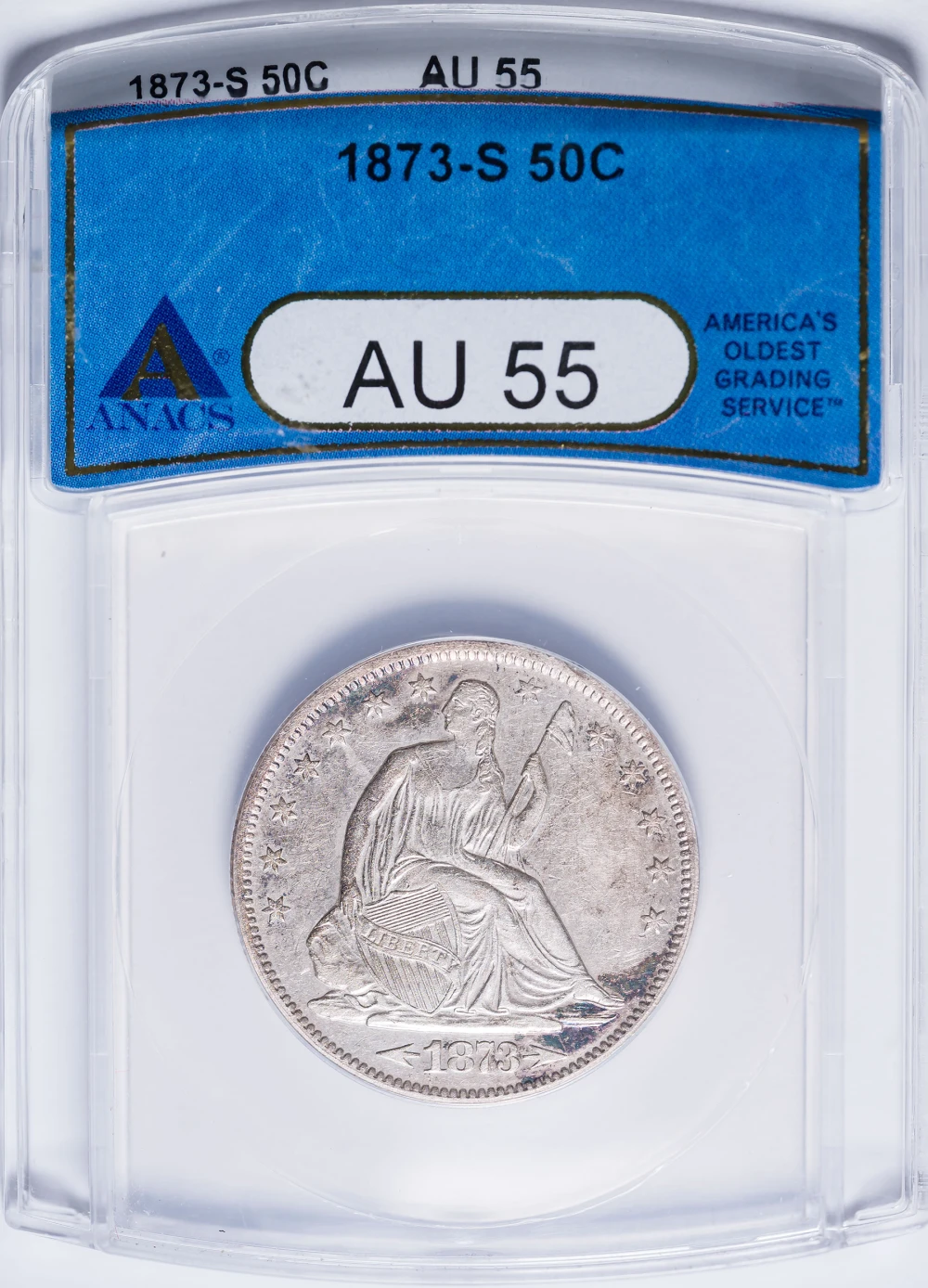 ANACS AU-55 1873-S Arrows Seated Half Dollar