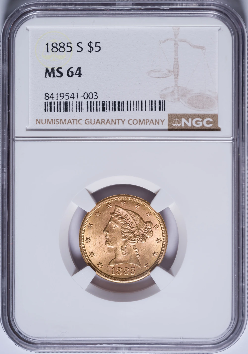 NGC MS-64 1885-S $5 Gold Liberty