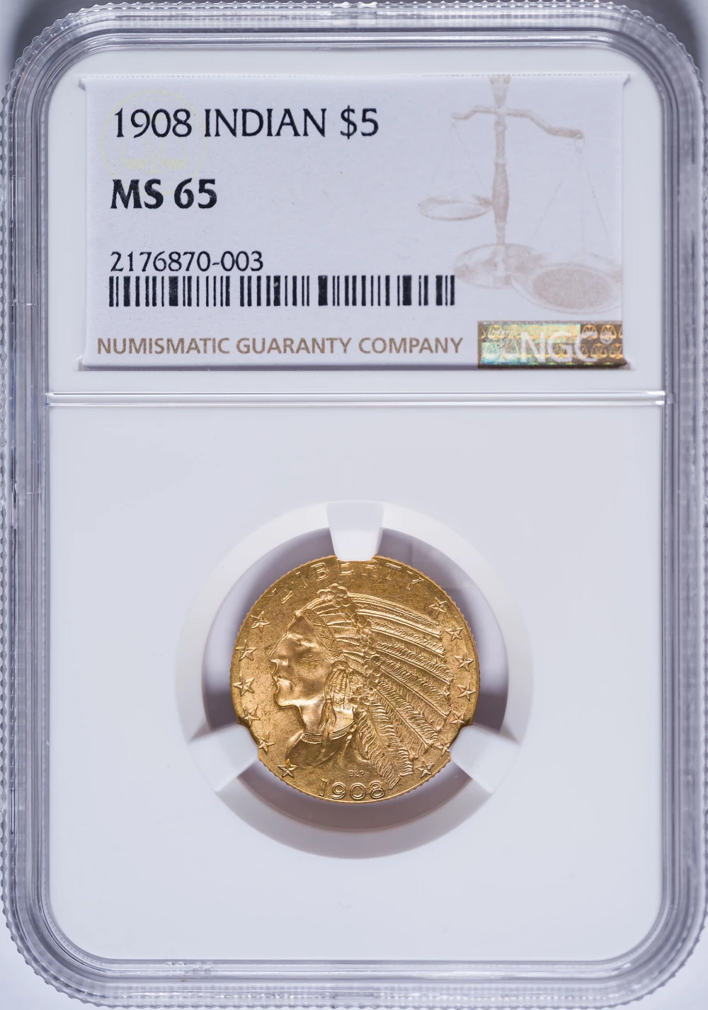 NGC MS-65 1908 $5 Gold Indian