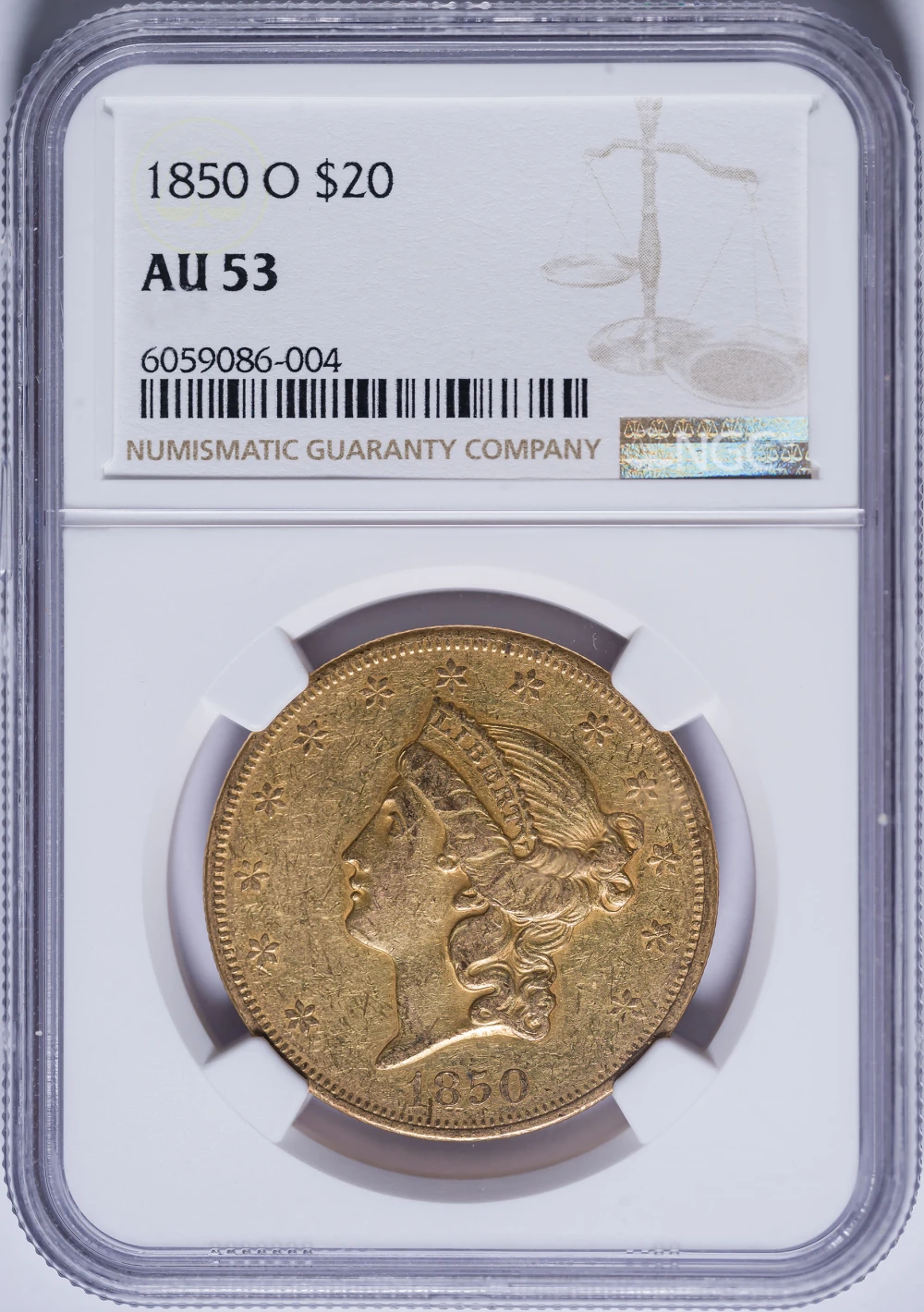 NGC AU-53 1850-O $20 Gold Liberty
