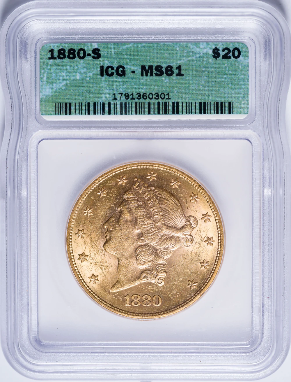 ICG MS-61 1880-S $20 Gold Liberty
