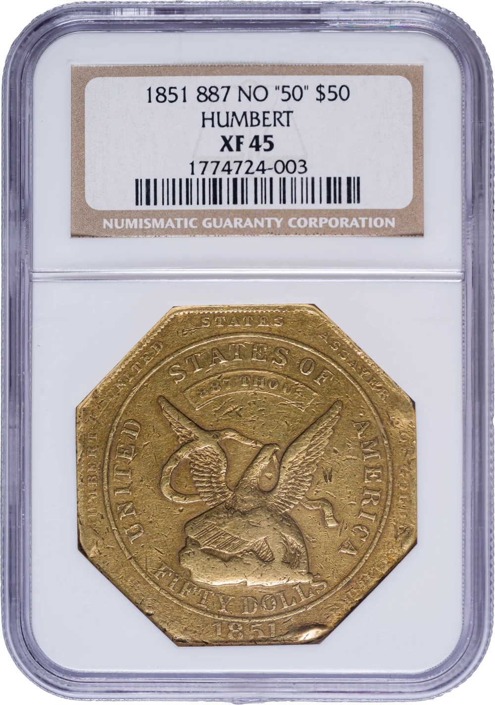 NGC EF-45 1851 Humbert Octagonal Gold $50