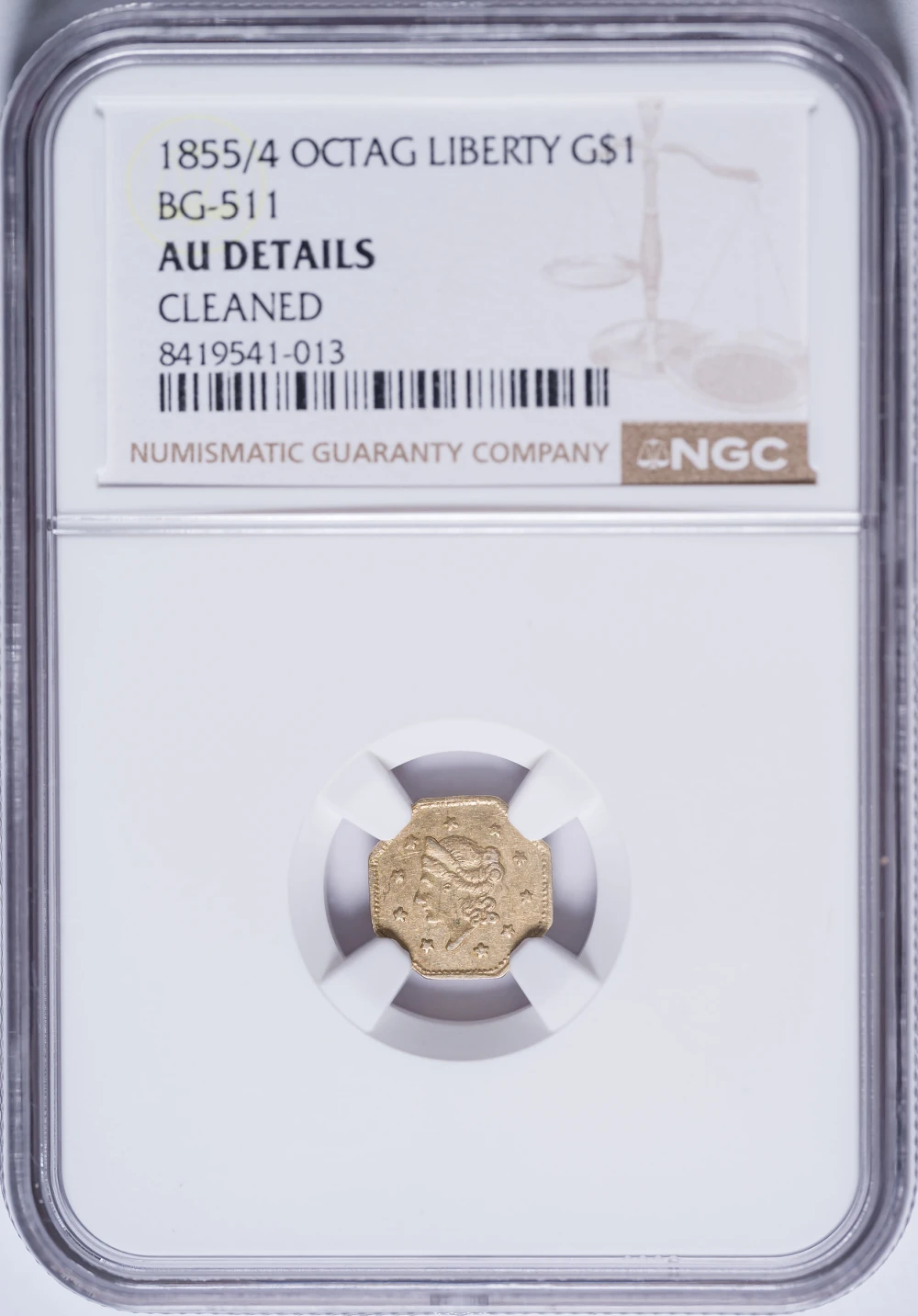 NGC AU Details 1855/4 California Gold $1