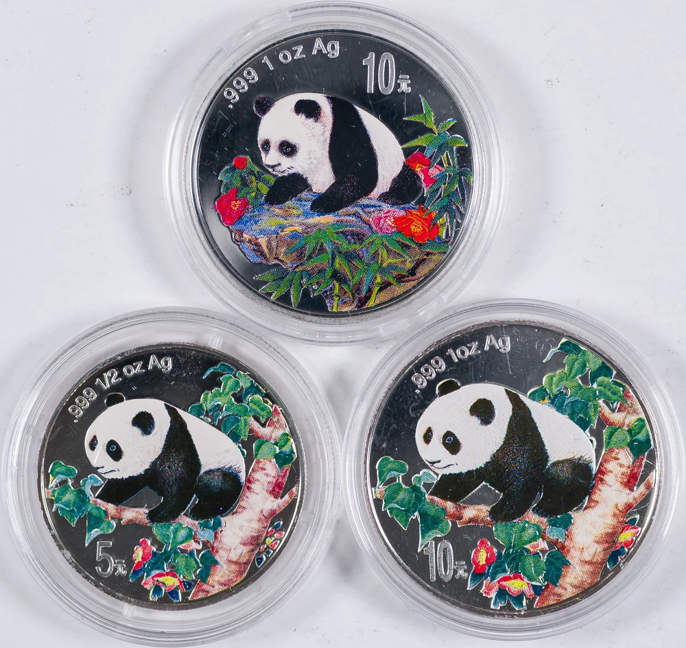 China. 3 Colorized Silver Pandas
