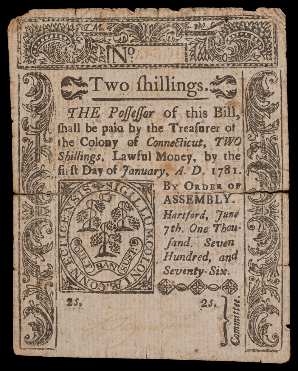 Connecticut. Fine-VF 1776 Two Shillings Note