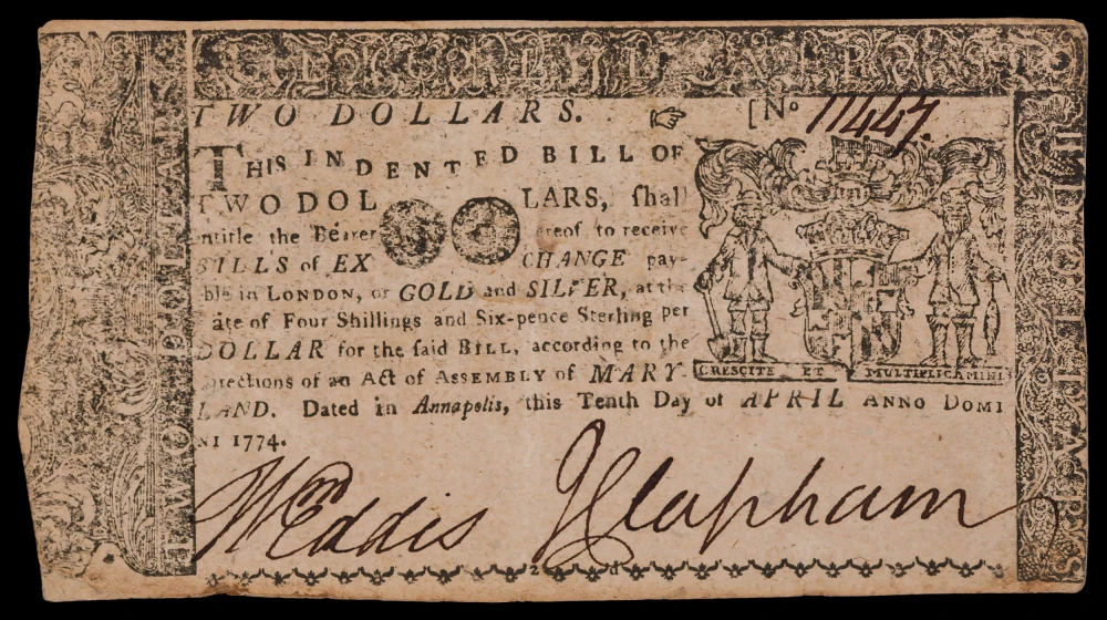 Maryland. VF 1774 Two Dollars Note