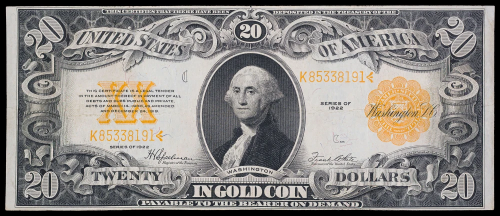 VF+ 1922 $20 Gold Certificate