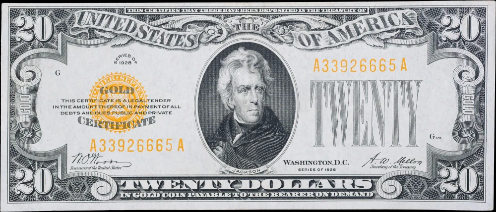 Choice AU+ 1928 $20 Gold Certificate