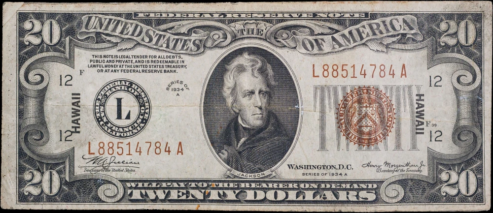 VF 1934-A $20 Hawaii Overprint FRN