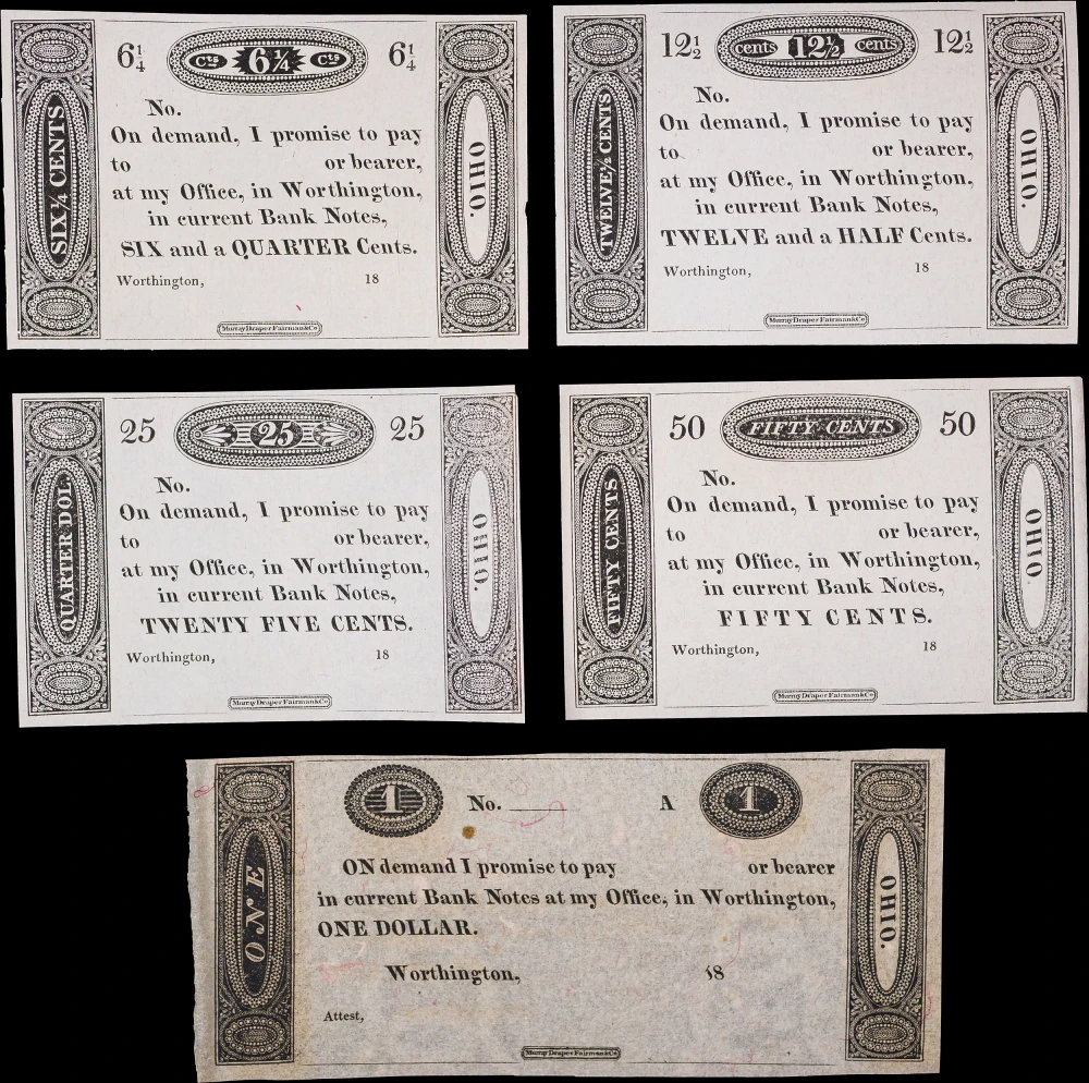 5 Diff Circa 1819 Worthington OH Merchant Script