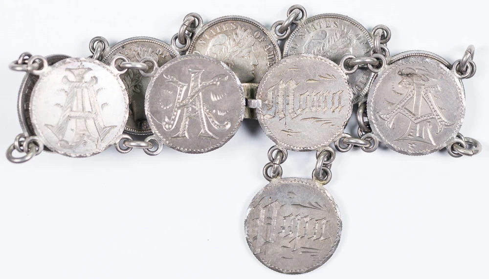 Amazing 1892 Barber Dime Love Token Bracelet