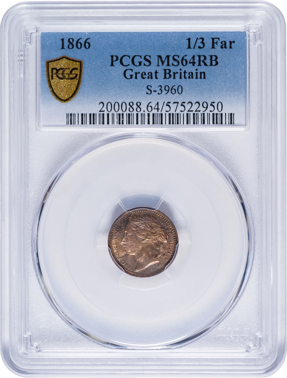 Great Britain. PCGS MS-64 RB 1866 1/3 Farthing