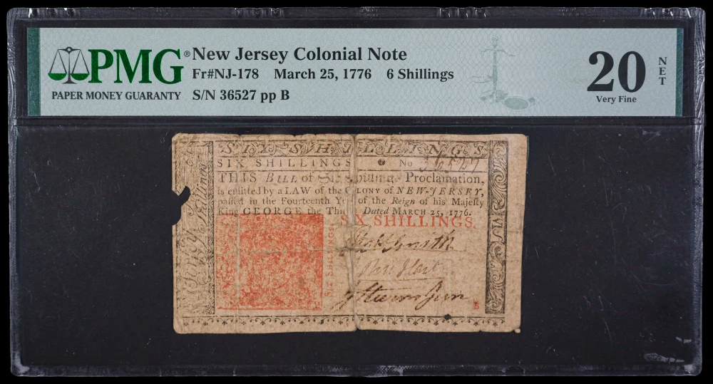 Colonial. PMG VF-20 Net 1776 N.J. Six Shillings
