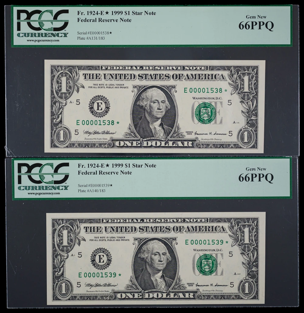 PCGS Gem-66 PPQ 1999 $1 Star Note Pair