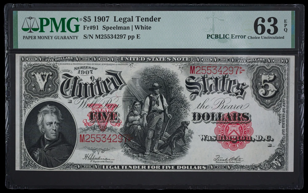 PMG Choice-63 EPQ 1907 Woodchopper $5 Note