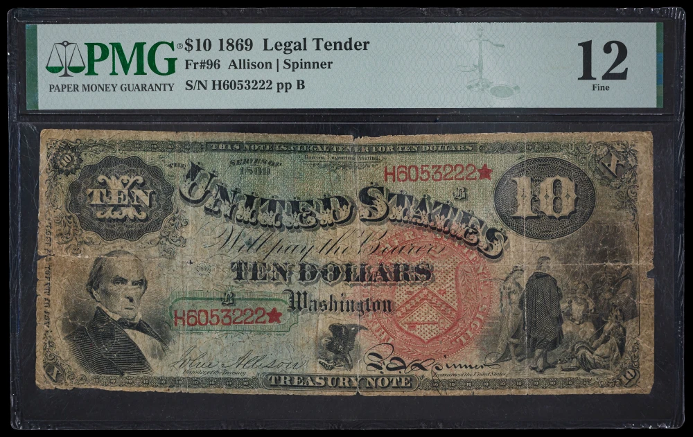 PMG Fine-12 1869 Legal Tender $10 Rainbow Note