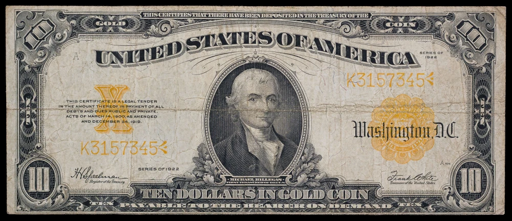 VF 1922 $10 Gold Coin Note