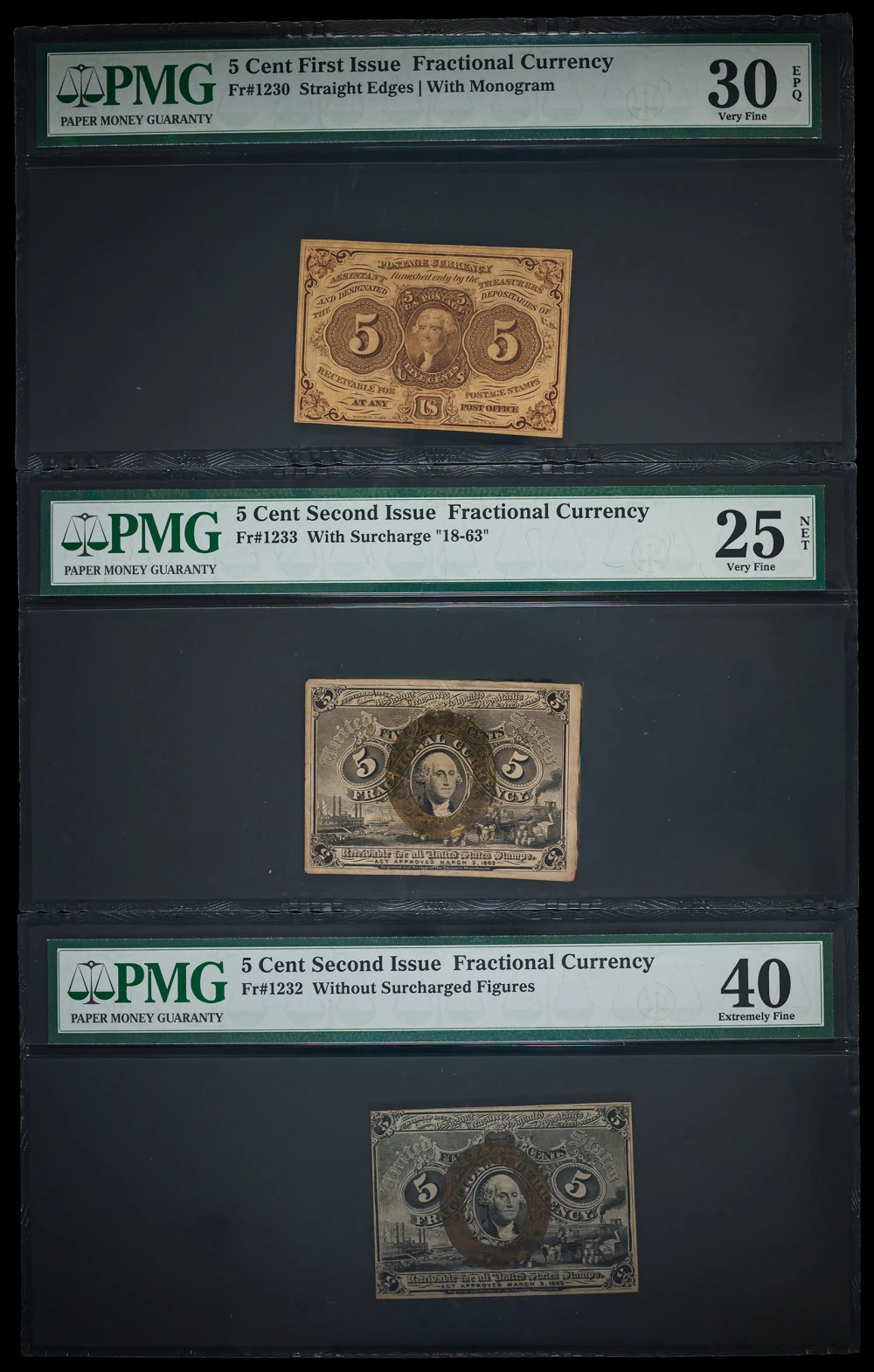 Fractional. PMG-Certified Five-Cents Note Trio