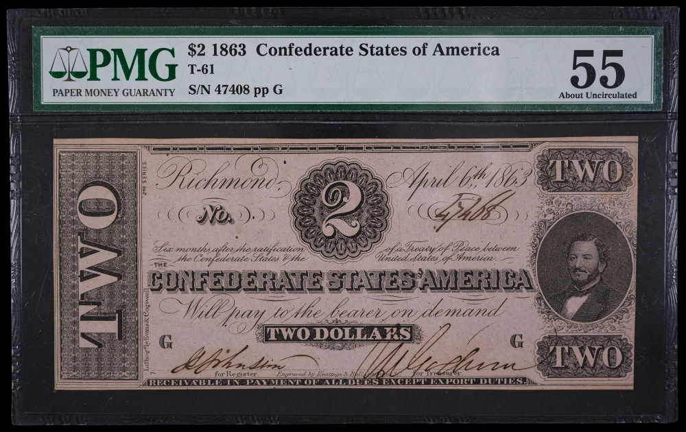 Confederate. PMG AU-55 1863 $2 Note