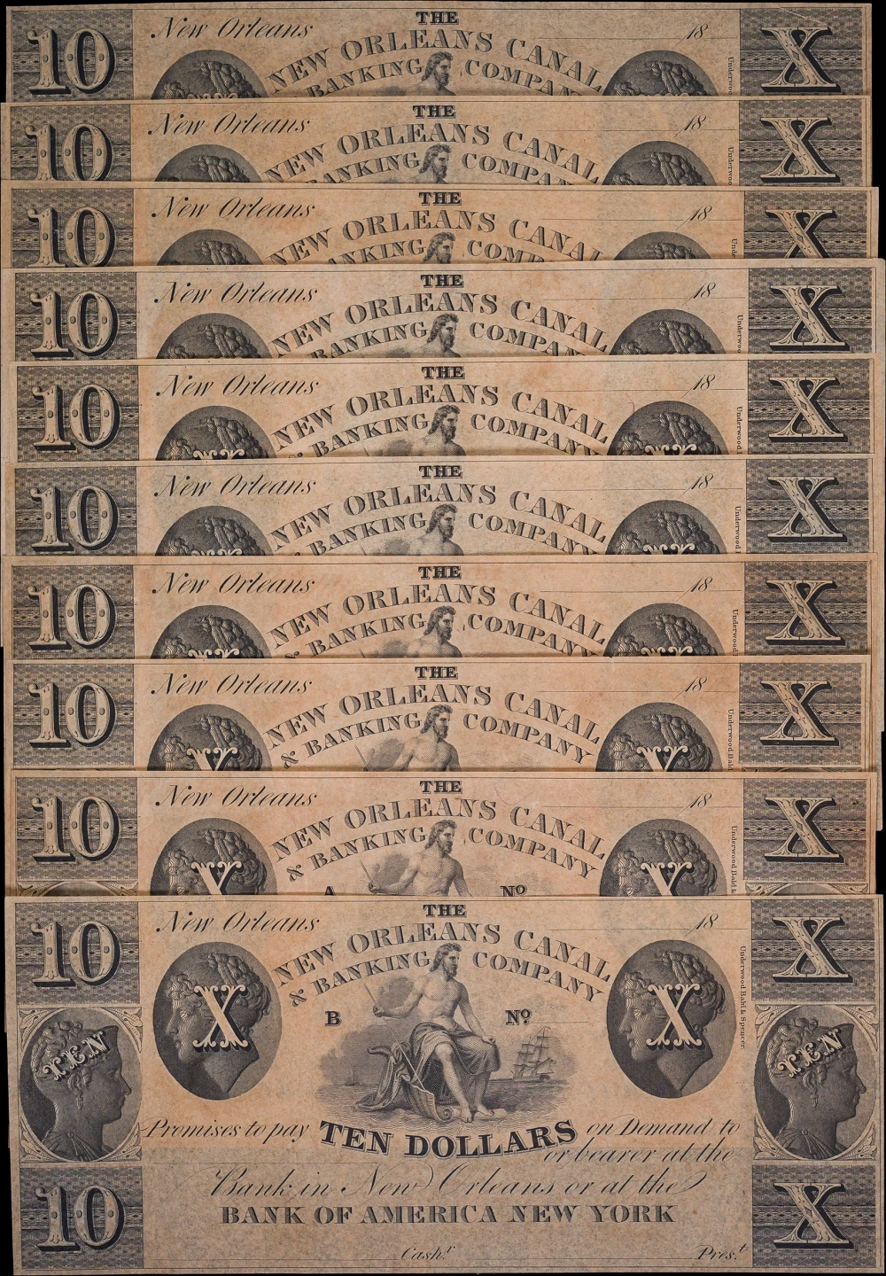 10 Pcs New Orleans LA 1830's $10 Obsolete Notes