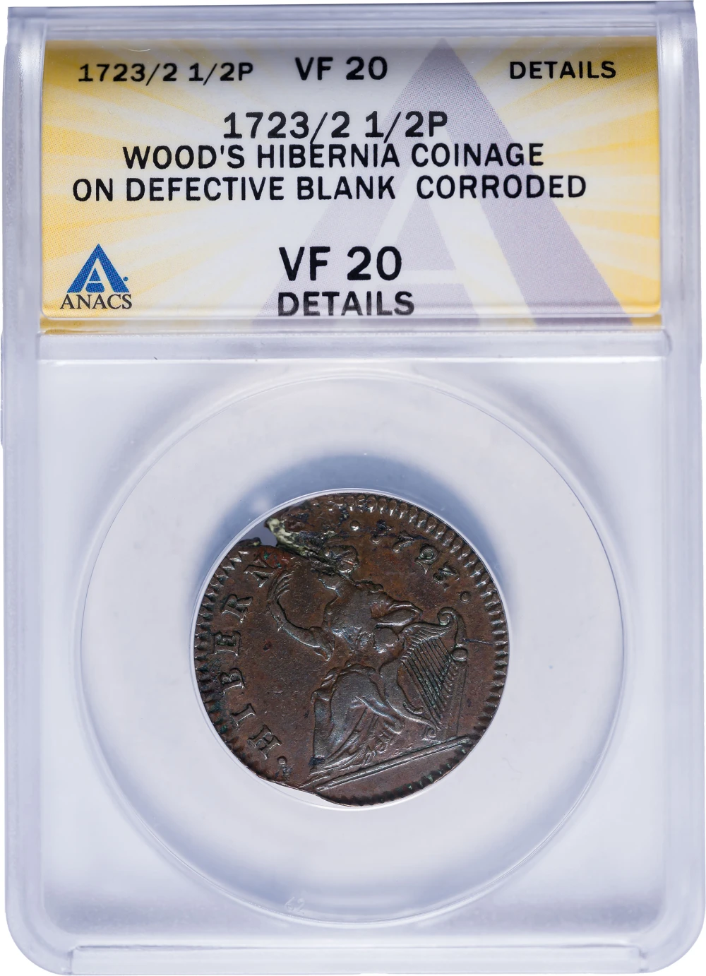 ANACS VF-20 Details 1723/2 Hibernia 1/2 Penny