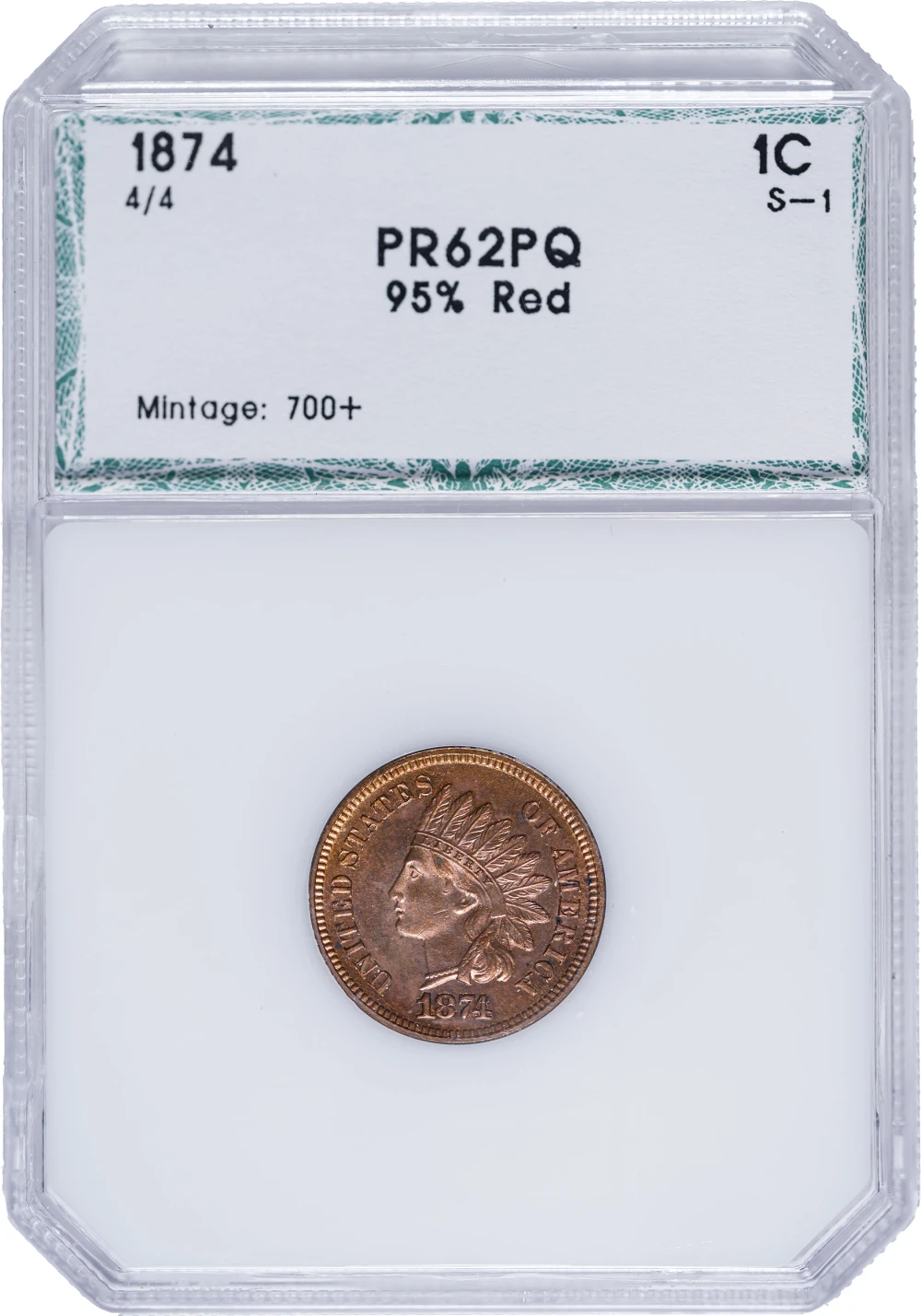 PCI Proof-62 PQ 1874 Indian Cent