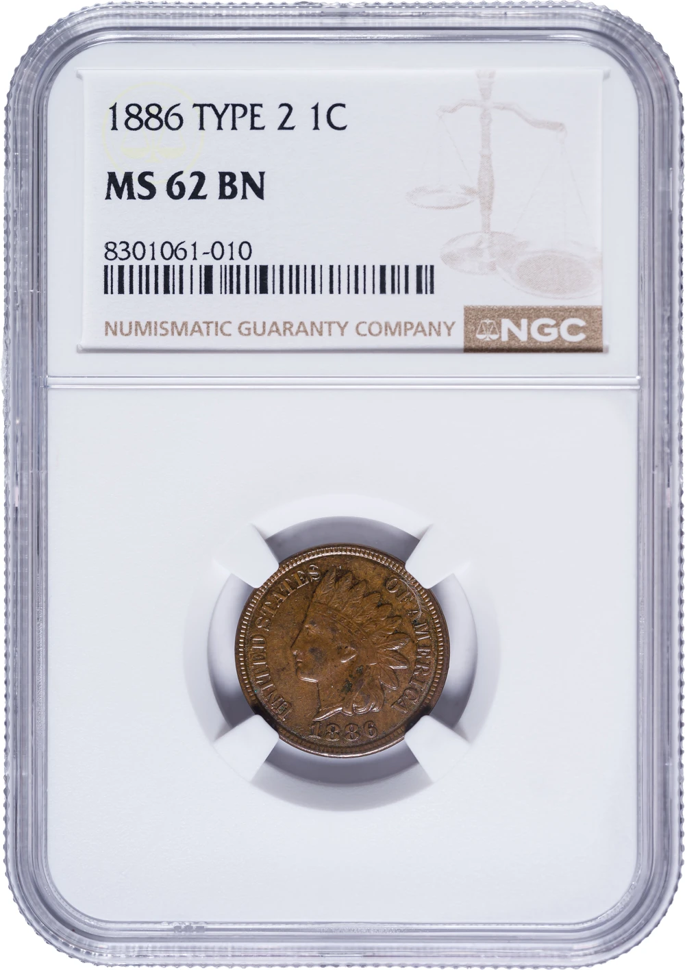NGC MS-62 BN 1886 Type 2 Indian Cent