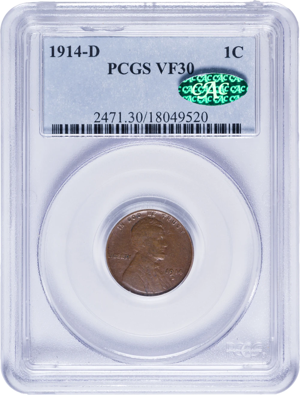PCGS VF-30 CAC 1914-D Lincoln Cent