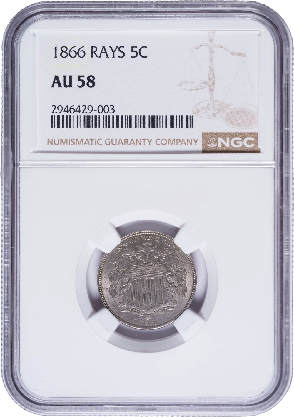 NGC AU-58 1866 Rays Shield Nickel