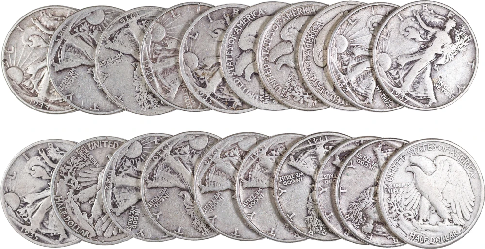 Circulated Roll Walking Liberty Half Dollars