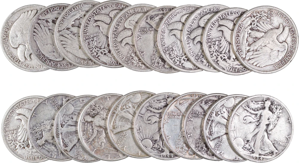 Circulated Roll Walking Liberty Half Dollars
