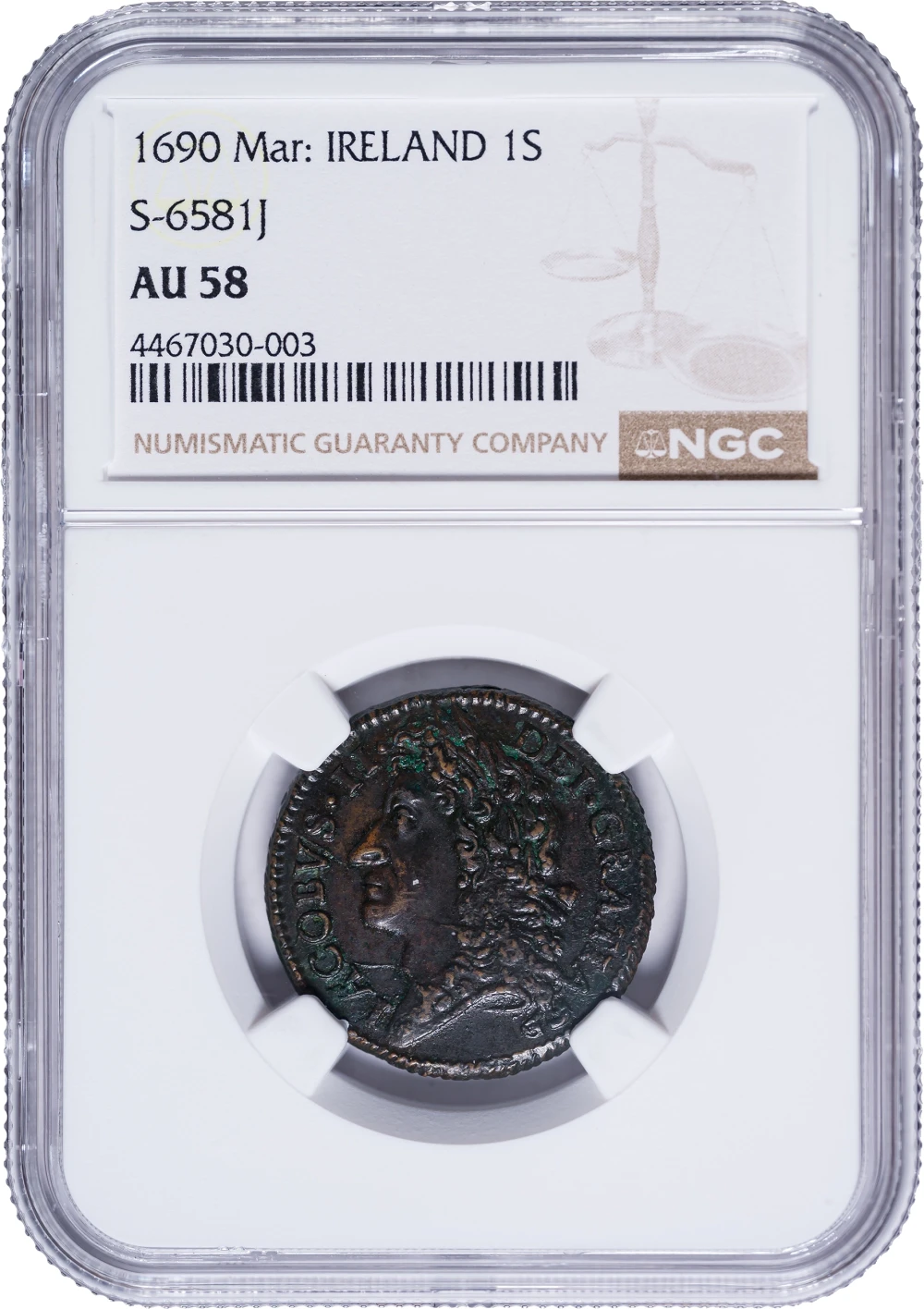 Ireland. NGC AU-58 1690 Gun Money Shilling