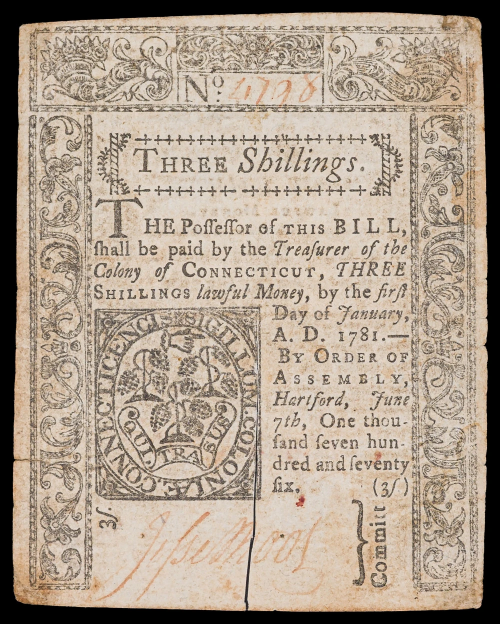 Colonial. Connecticut. VF 1776 Three Shillings