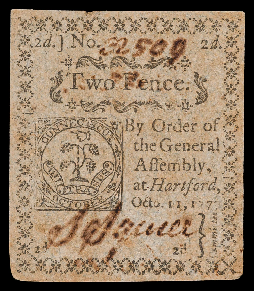 Colonial. Connecticut. VF 1777 Two Pence Note