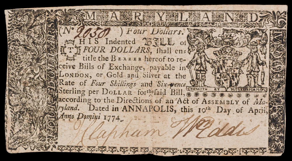 Colonial. Maryland. VF-EF 1774 Four Dollars Note