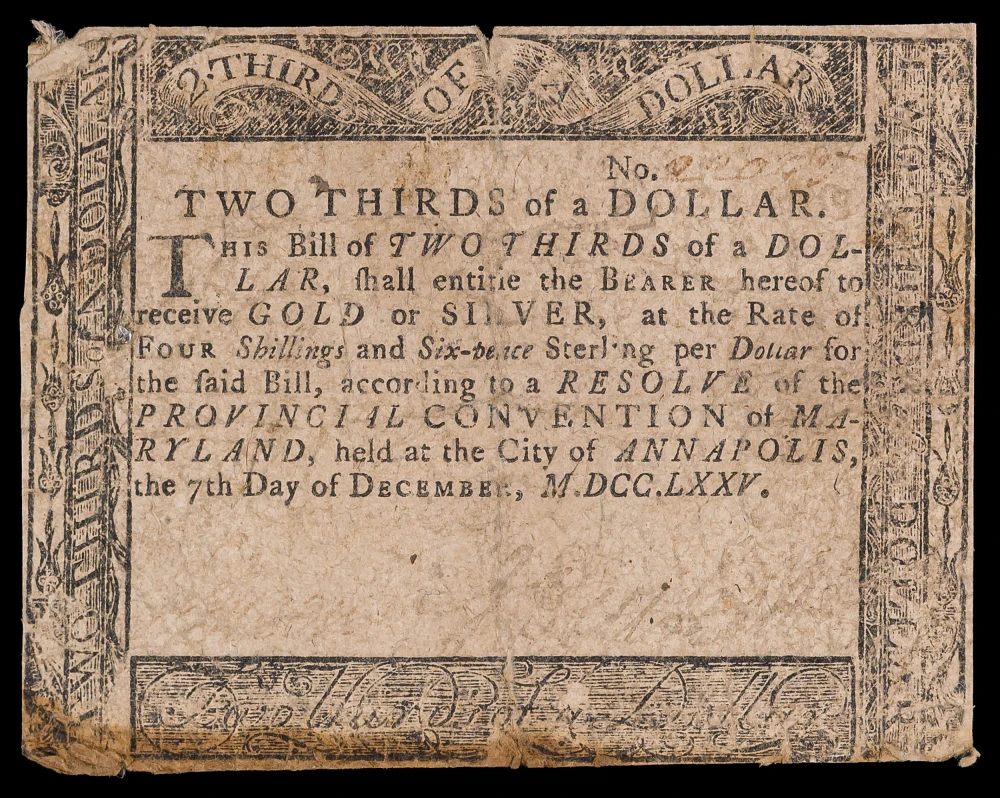 Colonial. Maryland. VF 1775 2/3 of a Dollar Note