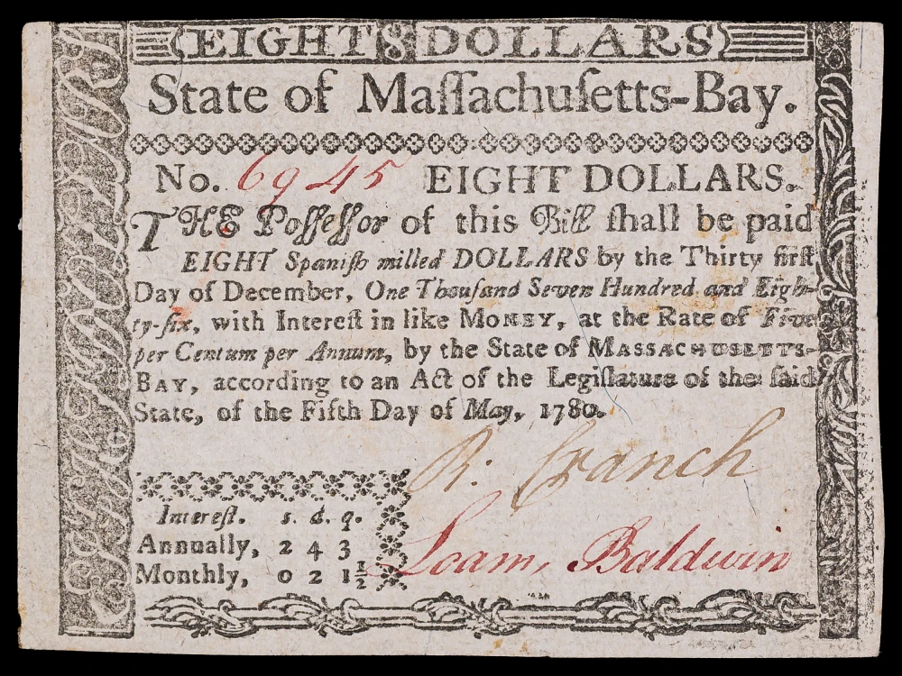 Colonial. Massachusetts. AU Details 1780 $8 Note