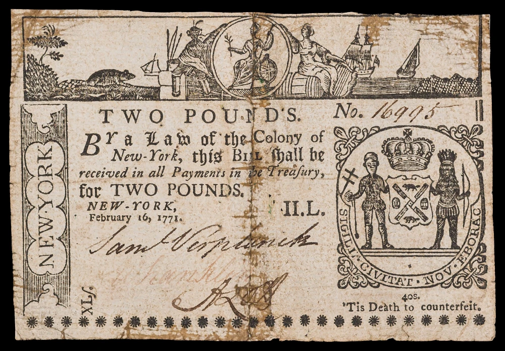 Colonial. New-York. VF Details 1771 2 Pound Note