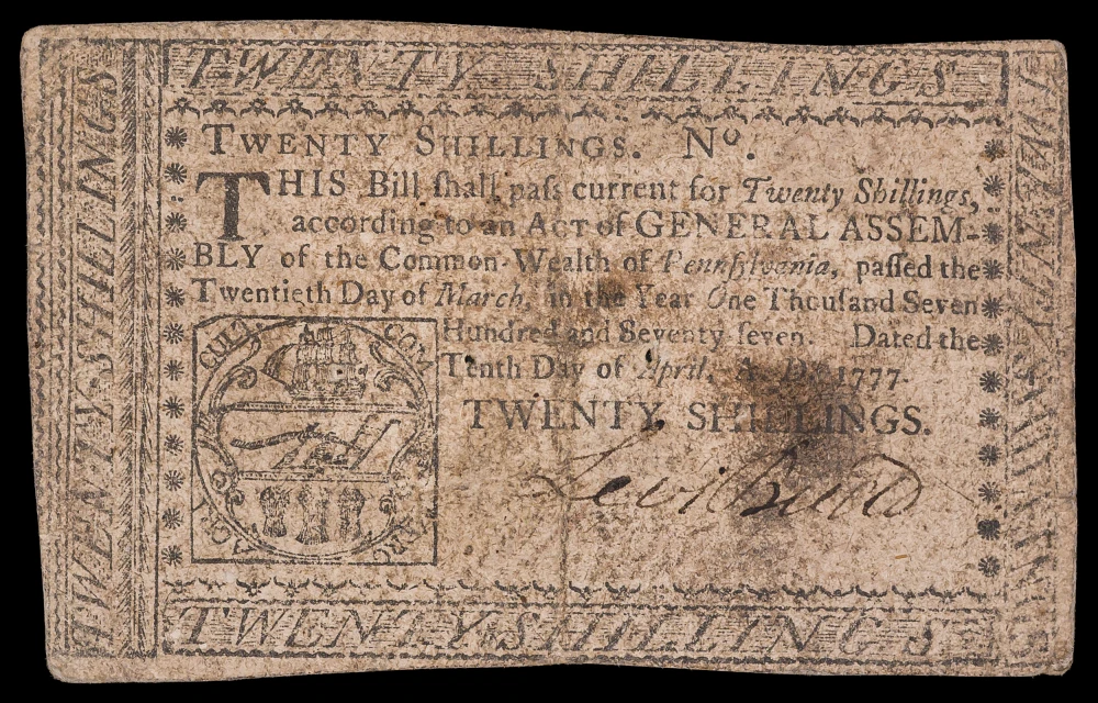 Colonial. Pennsylvania. VF 1777 20 Shillings Note