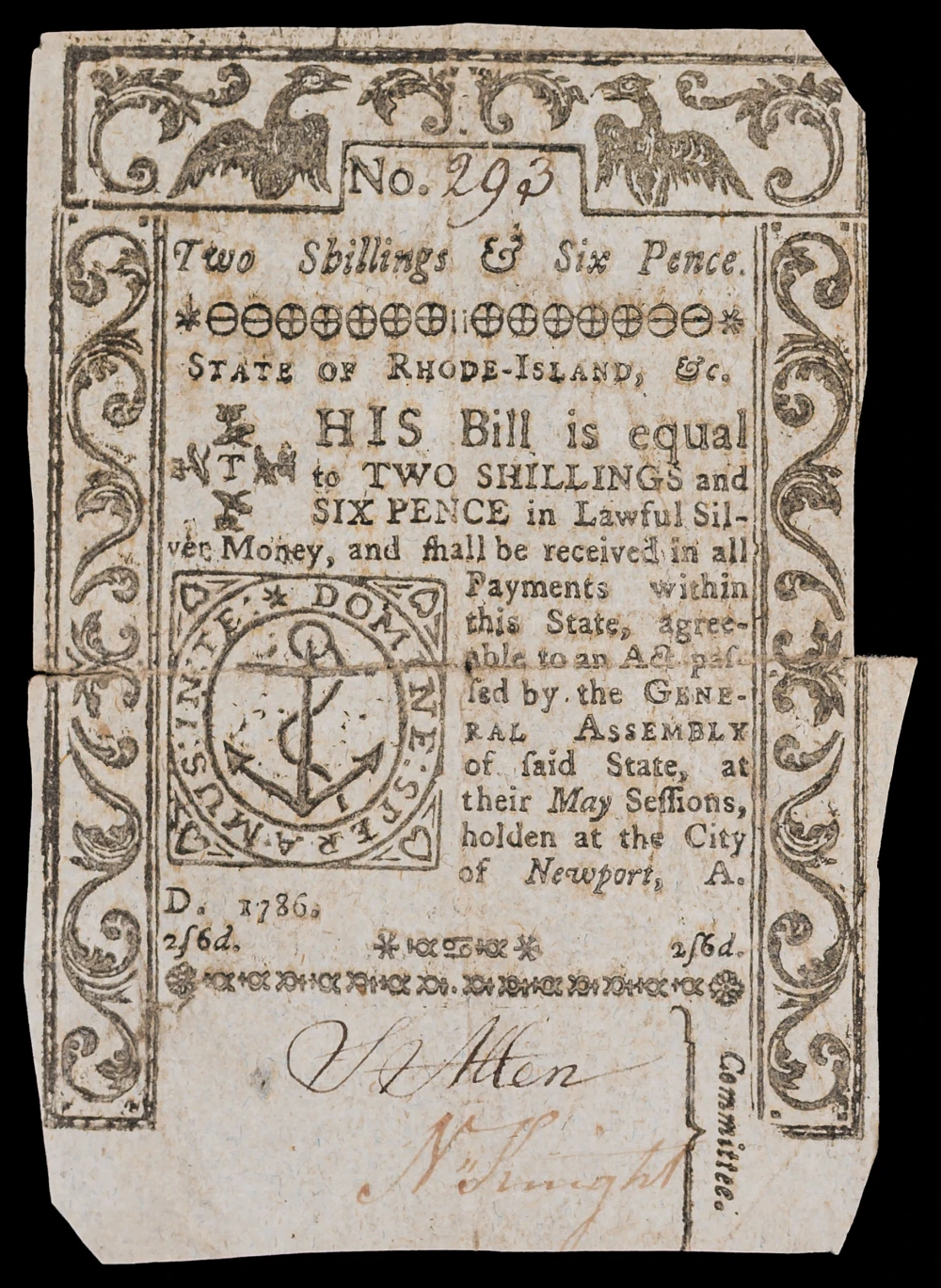 Colonial. Rhode Island. VF 1786 Two and Six Note