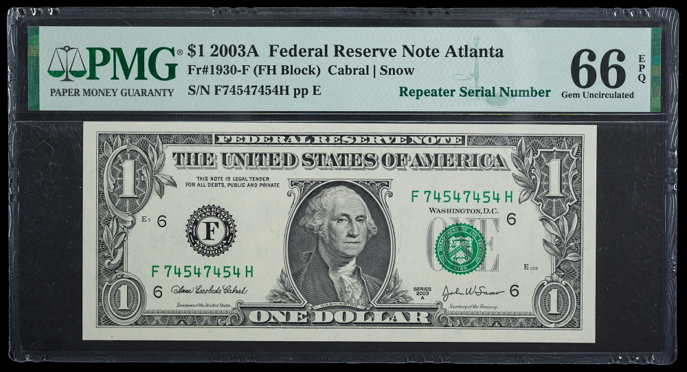 PMG Gem 66 EPQ 2003-A $1 Repeater Note
