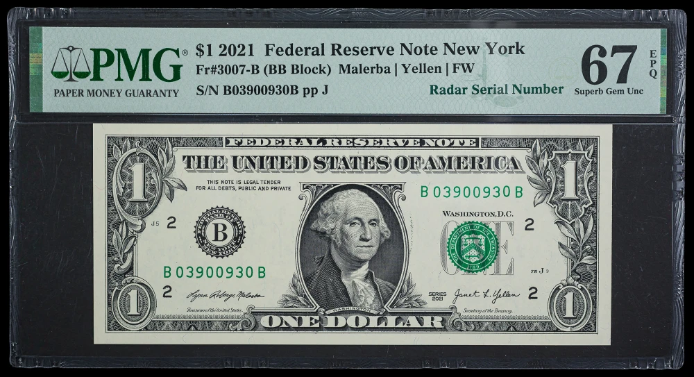 PMG Gem 67 EPQ 2021 $1 Radar Note