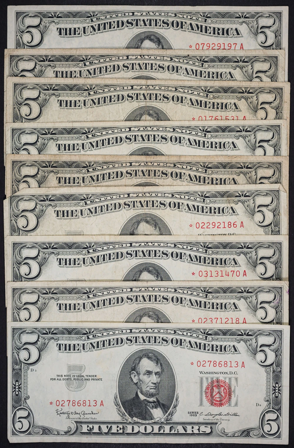 9 Pcs $5 Red Seal 1953/63 Star Notes