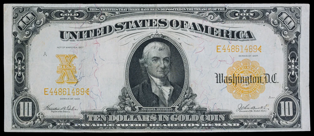 VF to EF 1907 $10 Gold Coin Note