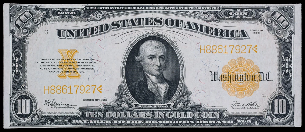 EF to AU 1922 $10 Gold Coin Note