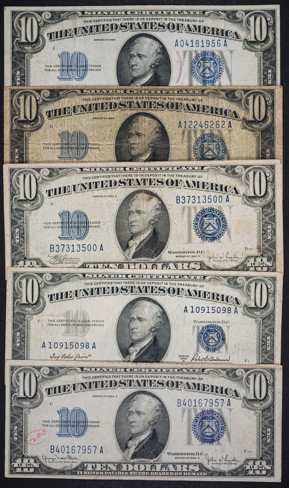 5 Pcs 1934/53 $10 Silver Certificates