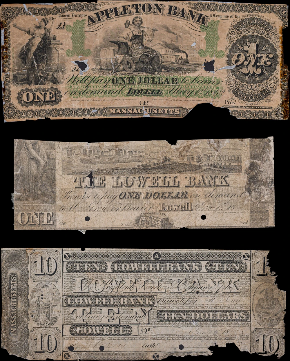 3 Pieces Scarce Lowell Ma Obsolete Notes