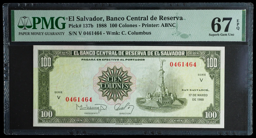El Salvador. PMG Gem 67 EPQ 1988 100 Colones Note