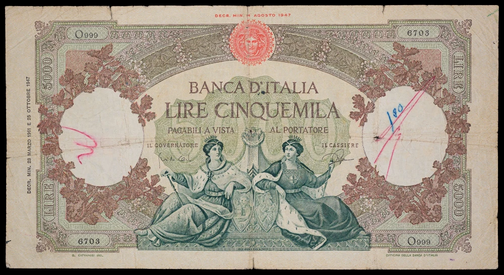 Italy. Fine 1961 5,000 Lire Note